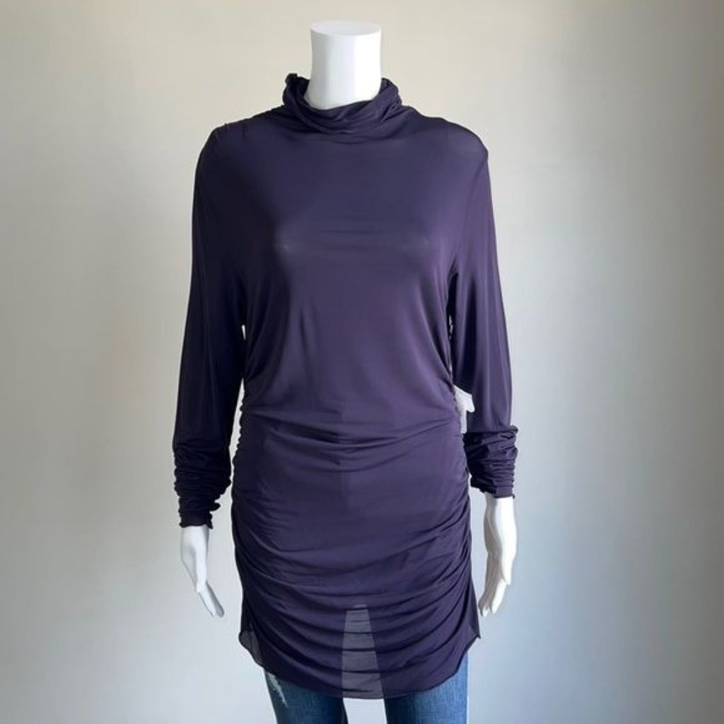 Sarah Pacini Ruched Sheer Turtleneck Top - L